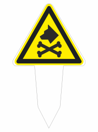 Yellow triangular warning sign on a stake, showing a skull and crossbones and a dog head, indicating poison/toxic substance.