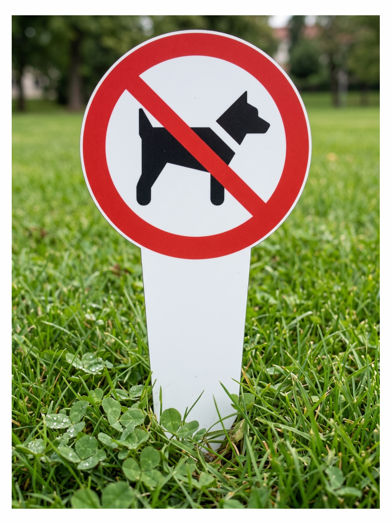 ZH24018-galerie | KRIŽAN - safetyshop No dogs allowed sign posted in a grassy park distance image area.