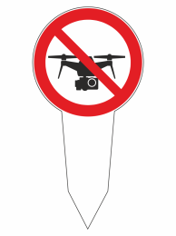 No drones allowed sign: red prohibition circle over a quadcopter silhouette inside a white circle.