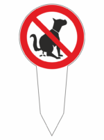 No dogs allowed sign: red prohibition circle over a black dog silhouette on a signpost, indicating pets are not permitted