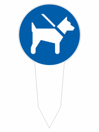 Mandatory sign: dog must be on a leash in a blue circle badge