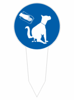 Blue circular sign depicting a white silhouette of a dog lifting its leg to urinate, with a few droppings on the ground.