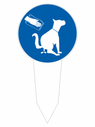 Blue circular sign depicting a white silhouette of a dog lifting its leg to urinate, with a few droppings on the ground.