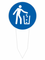 No littering: a person dropping trash into a bin on a blue circular sign
