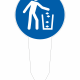 No littering: a person dropping trash into a bin on a blue circular sign