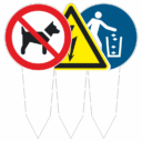 No dogs allowed sign paired with a caution triangle and a blue trash disposal icon in a row of signs on sticks.